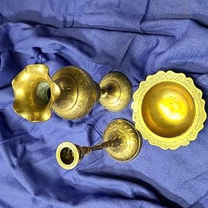 Brass set of 3 Vase-Candle Stick-Bowl 3 Pieces Holiday Engraved Brass